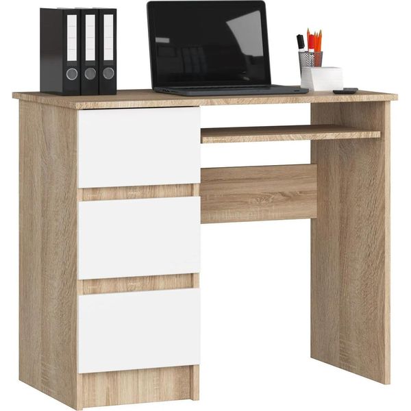 Scrivania Compatta A-6 In Rovere Sonoma Con Cassetti Bianchi E Ripiano Per Tastiera-image
