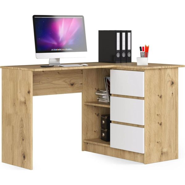 Scrivania Angolare B16 Clp Destra Rovere Artisan Bianco 124 Cm Con 3 Cassetti E 2 Ripiani-image