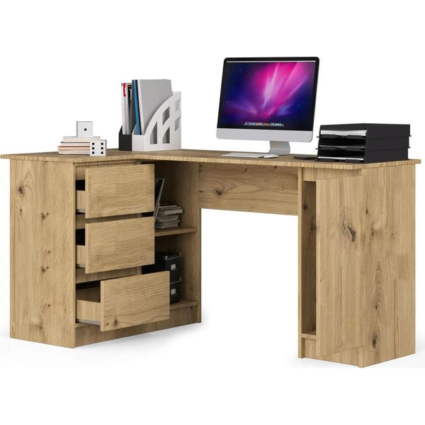 Tavolo Ad Angolo B20 155 Cm Sinistro Rovere Artisan Con 3 Cassetti Per Ufficio Domestico E Stanza Dei Bambini-image