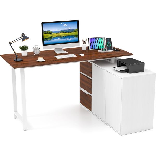 Costway Scrivania A L Con Stazione Di Ricarica, Schedario, 3 Cassetti E 2 Ante, Scrivania Angolare Reversibile, Scrivania Per Computer In Metallo E Legno Marrone-image