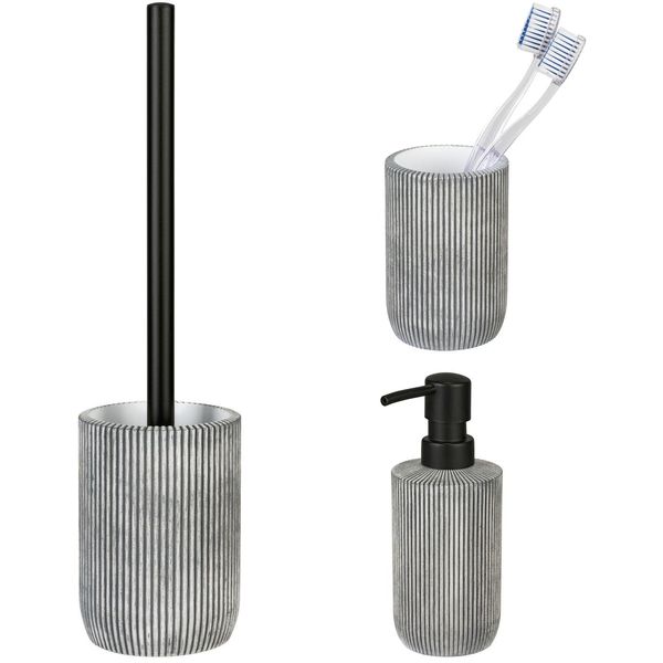 Badaccessoire-Set "»Antella«", Grau, Geriffelt, Edelstahl, Polyresin (Kunststein), Schöner WOHNEN-KOLLEKTION, Badaccessoires-Sets, Aus Polyresin, Mit Zahnputzbecher, Seifenspender Und Wc-Garnitur-image