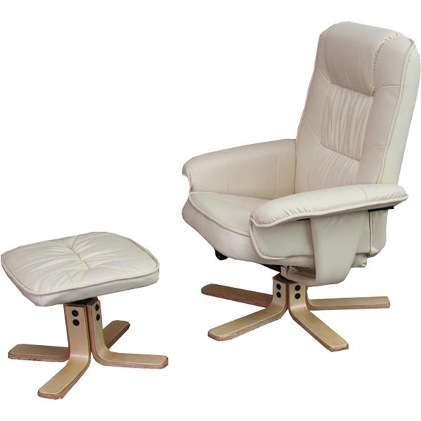 Poltrona Relax M56, Poltrona Tv Poltrona Tv Con Sgabello Pouf, Similcuoio, Legno Di Eucalipto ® ~ Crema-image