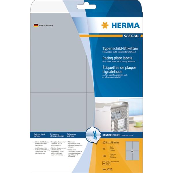 Herma Special - Etichette Autoadesive In Poliestere Opaco - Argento - 105 X 148 Mm 100 Etichette (25 Fogli X 4) (4216)-image