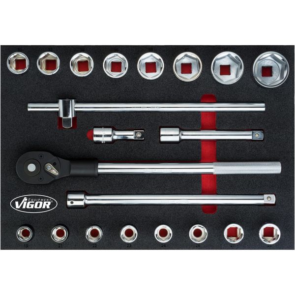 Vigor V5109 Set Di Chiavi A Bussola ∙Quadro Cavo Da 3/4 Di Pollice (20 Mm) ∙ Profilo Esagonale Esterno ∙ 19 - 50 ∙ Numero Di Utensili: 21-image