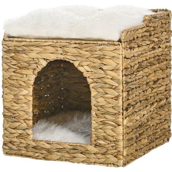 Pawhut Casa Per Gatti In Rattan, Grotta Per Gatti Con Cuscino, Letto Per Gatti A 2 Livelli, Cesto Per Gatti, Rifugio Per Gatti Fino A 5 Kg, Erba Di Giacinto D'acqua, Marrone-image