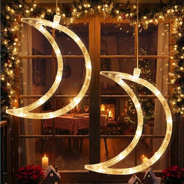Led Natale Stella Finestra Luci 2 Pezzi Bianco Caldo Led Luna Luci Finestra Fata Luci Appeso Batteria Porta Di Natale Casa Party Decorazione-image