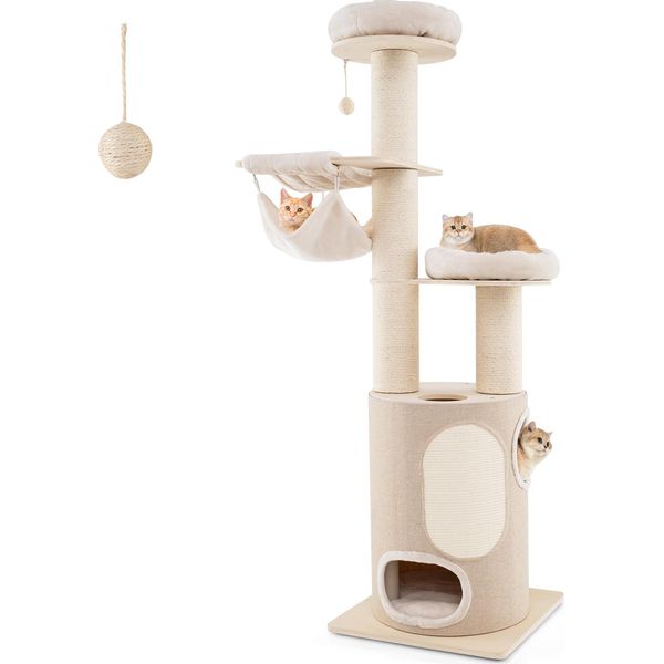 Costway Albero Da Graffio Grande 187 Cm, Albero Da Arrampicata Con Tiragraffi A 2 Piani, 2 Amache, Letto Rimovibile, Tavoletta In Sisal E Palla Da Gioco, Arredamento Per Gatti In Legno Naturale-image