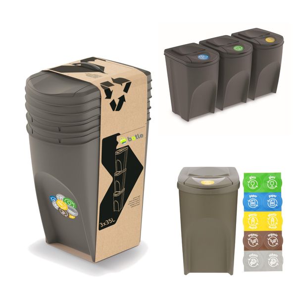 Set Di 3 Bidoni Per La Raccolta Differenziata - Set Di Bidoni Per La Raccolta Differenziata 3X35L In Colore Grigio Pietra Per L'impilamento Compatto, Modulare E Leggero Semplice Differenziazione Dei Rifiuti Domestici Plastica-image
