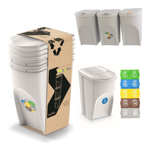 Set Di 3 Bidoni Per La Raccolta Differenziata - Set Di Bidoni Per La Raccolta Differenziata 3X35L In Bianco Colore Bianco Cenere Per L'impilamento Compatto, Modulare E Leggero Semplice Differenziazione Dei Rifiuti Domestici Plastica-image