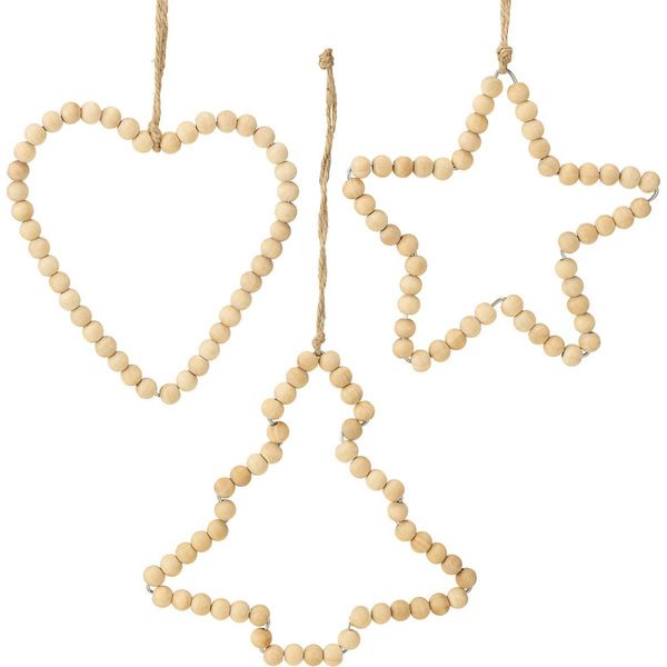 Set Di Decorazioni Natalizie Con Perline Di Legno - Cuori, Stelle E Abeti Appesi Ornamenti Naturali 13Cm 6Pcs-image