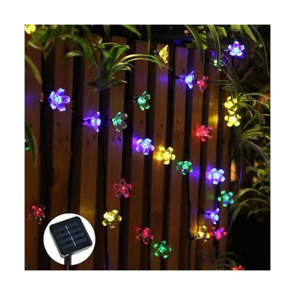 Luci Solari Per Fiori Da Esterno, 100 Led, 12 M, Multicolore, 8 Modalità Di Illuminazione, Alimentate A Led Per Terrazza, Giardino, Festa, Matrimonio, Colorate-image