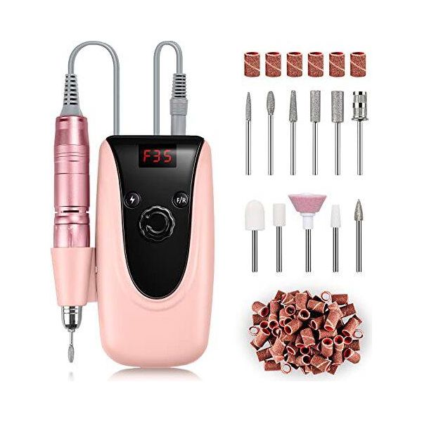 Madenia Fresa Per Unghie Professionale A Batteria 35000 Giri/Minuto Lima Elettrica Set Manicure Pedicure Unghie Acriliche Display Digitale, 11 Pezzi, Rosa-image
