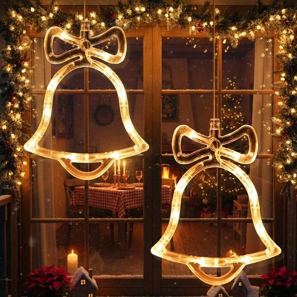 Led Natale Stella Finestra Luci 2 Pezzi Bianco Caldo Led Campana Luci Finestra Fata Luci Appeso Batteria Porta Di Natale Casa Party Decorazione-image