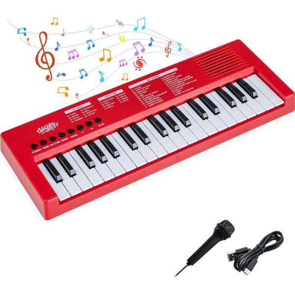 Costway Tastiera Per Bambini A 37 Tasti, Pianoforte Per Bambini Con 8 Ritmi, 8 Colori Sonori E 22 Demo, Pianoforte Per Bambini, Tastiera Per Pianoforte Elettrico Per Bambini Dai 3 Anni In Su, Rosso-image