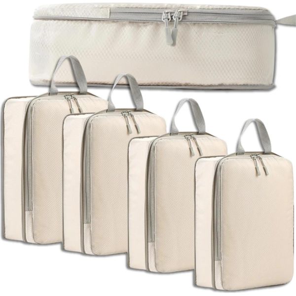 Edibazzar | Set Di Organizer Per Valigie Da 4 Pezzi, Beige, Con Chiusura A Zip-image