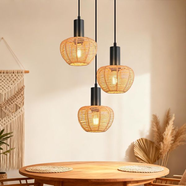 Zmh Lampada A Sospensione A 3 Fiamme Lampada Da Tavolo In Rattan Lampada A Sospensione Intrecciata Retrò Paralume Corda Di Canapa E27 Lampada A Sospensione (Senza Lampadina)-image