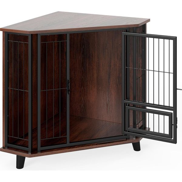 Costway Gabbia Angolare Per Cani, Cuccia Per Cani Con Porta Chiudibile E 3 Gambe In Legno, Cassa Per Cani Di Piccola E Media Taglia 60 X 60 X 71,5 Cm Marrone-image