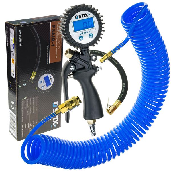 Pistola Di Pressione Per Pneumatici Stix PSAIR-1 Con Manometro Digitale 0-18 Bar E Tubo Flessibile A Spirale Inpoliuretanoda 10 M 8/5 Mm-image