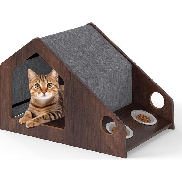 Casetta Per Gatti Costway, 2 In 1 Grotta Per Gatti E Letto Per Gatti A Forma Di Casa, Villa Per Gatti Con 2 Ciotole In Ceramica E Tetto Rimovibile, Arredamento Per Gatti, 60X40X40Cm Marrone-image
