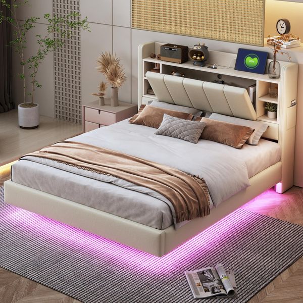Letto Imbottito 140 X 200 Cm, Con Presa Usb E Striscia Luminosa, Testata Reversibile Con Vani Portaoggetti, Letto Matrimoniale Beige-image