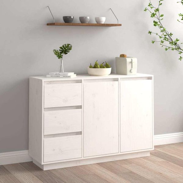 The Living Store Credenza Bianca 111X34X75 Cm In Legno Di Pino Massiccio-image