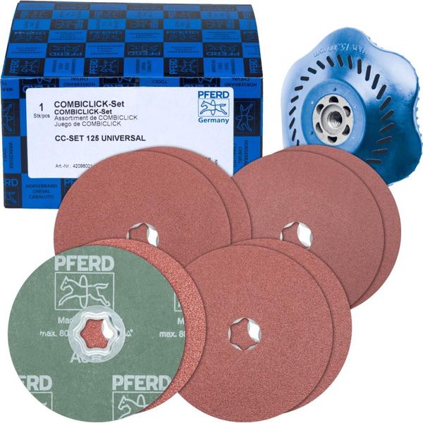 Pferd Tools Combiclick Set Di Dischi In Fibra Di Corindone Ø125Mm A36, 60, 80, 120 Con Platorello CC-H-GT Per Applicazioni Universali-image