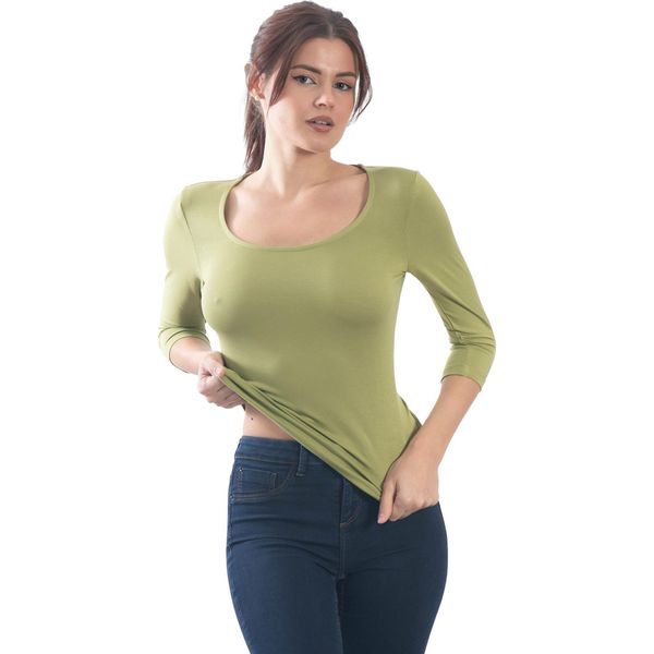 T-Shirt Da Donna Con Maniche A 3/4 E Scollo Rotondo. Olivo: Xl-image