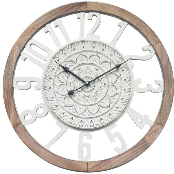 Orologio Da Parete Rebecca Mobili Con Intagli In Legno, Bianco E Marrone ø 55 Cm-image