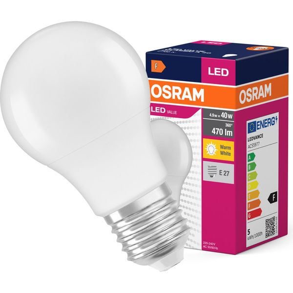 Osram Led Value Classic A 4,9W 827 Smerigliato E27 Lampada 470Lm 2700K Bianco Caldo Come 40W 4099854109652-image