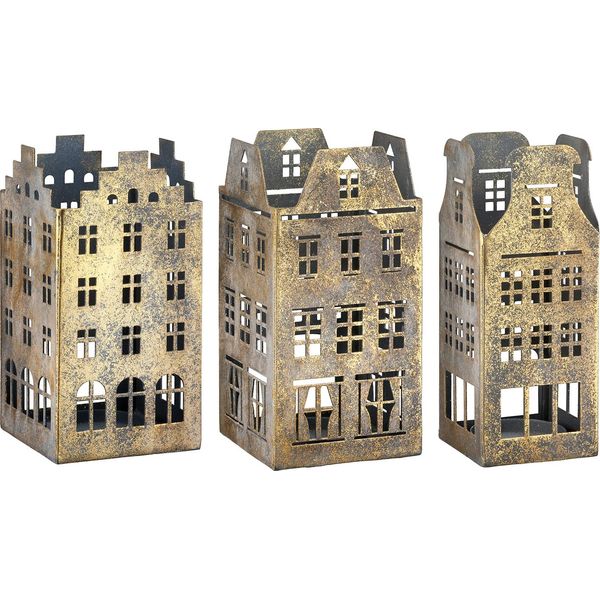 Gilde Teelichtleuchter, Haus, "HäUserreihe"", Hausmotiv, Metall, Goldfarben, ,, L. 9 Cm, B. 9 Cm, H. 18 Cm 3 StüCk Wie Abgebildet 69850"-image
