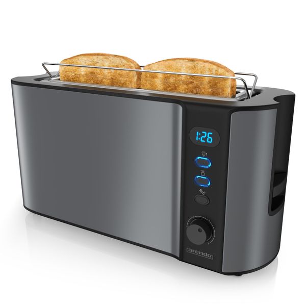 Tostapane Arendo 2 Fette, Tostapane A Fessura Lunga, Fessura Lunga, Acciaio Inox, 1000W, Display Con Indicatore Del Tempo Residuo, Attacco Per Panini, Funzione Di Scongelamento, Alloggiamento Termoisolante, Grigio-image