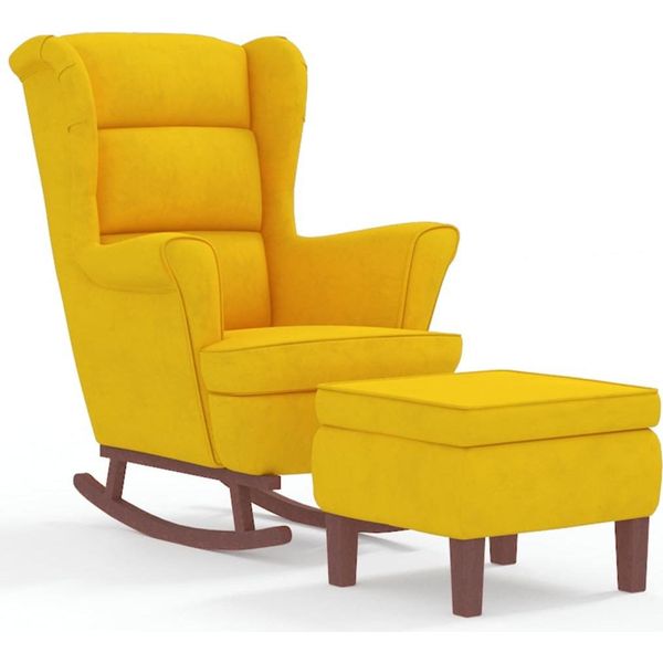 Sedia A Dondolo E Sgabello Con Gambe In Legno In Velluto Giallo-image