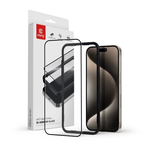 Crong Anti-Bacterial 3D Armour Glass - Vetro Temperato A Schermo Intero 9H Per Iphone 15 Pro Max + Telaio Di Installazione-image
