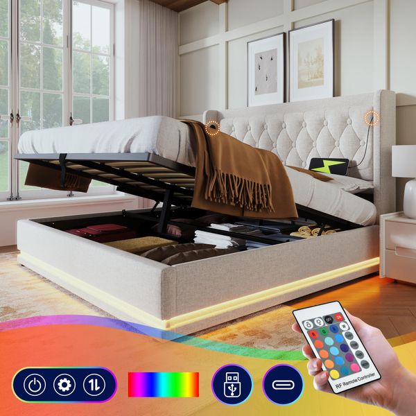 Letto Imbottito Flieks 180X200Cm Con Usb E Type-C, Letto Matrimoniale Per Ragazzi Con Led, Letto Contenitore Idraulico Con Rete A Doghe, Cotone, Beige-image