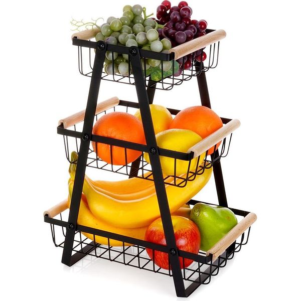 Cesto Per Frutta E Verdura A Tre Livelli Di Ispirazione Loft In Metallo-image