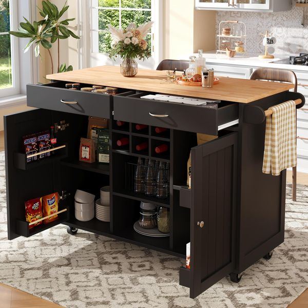 Carrello Di Servizio Flieks Con Refrigeratore Per Vini, Isola Da Cucina Moderna, Carrello Da Cucina, Carrello Portavivande Con Cassetti E Porta Asciugamani, Nero-image