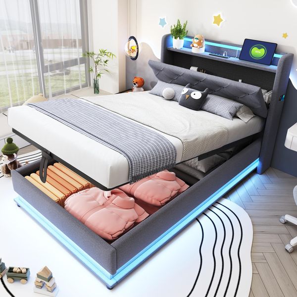 Letto Imbottito Flieks 90X200Cm Con Usb, Letto Contenitore Letto Singolo Con Rete A Doghe E Led, Letto A Molle Idrauliche Letto Per Giovani, Biancheria, Grigio-image