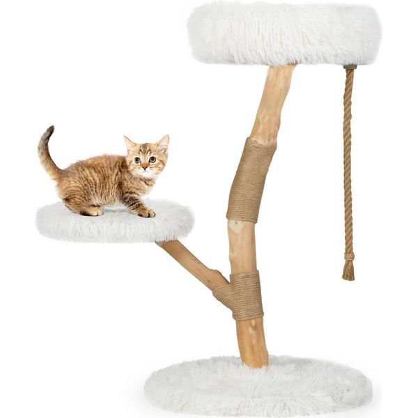 Costway 90Cm Tiragraffi, Albero Per Gatti Con 3 Sedute In Peluche, Corda E Tiragraffi, Torre Per Gatti Mobili Per Gatti Tiragraffi Albero Per Gatti Legno Massiccio-image