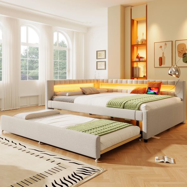 Merax Daybed Daybed 140X200 Cm, Con Letto Estraibile 90X190 Cm, Led, Usb E Type-C, Divano Letto, Divano Letto, Beige-image