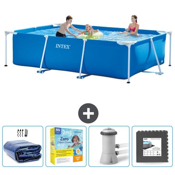 Piscina Intex Con Struttura Rettangolare - 300 X 200 X 75 Cm - Blu - Include Tenda Da Sole - Pacchetto Manutenzione - Pompa Filtro Per Piscina - Piastrelle Per Pavimento-image
