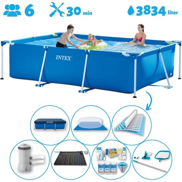 Piscina Intex Con Struttura Rettangolare - 300 X 200 X 75 Cm - Blu - Include Copertura - Copertura Del Terreno - Pompa Filtro Per Piscina - Tappetino Solare - Pacchetto Manutenzione - Kit Pulizia-image