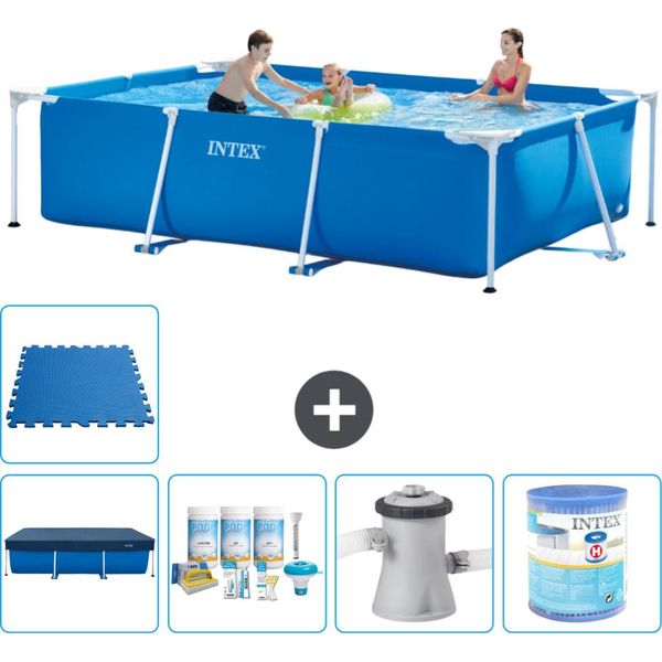 Piscina Intex Con Struttura Rettangolare - 300 X 200 X 75 Cm - Blu - Include Copertura - Pacchetto Manutenzione - Pompa Filtro Per Piscina - Filtro - Piastrelle Per Pavimento-image