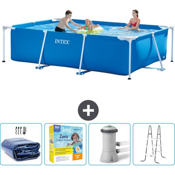 Piscina Intex Con Struttura Rettangolare - 300 X 200 X 75 Cm - Blu - Include Tenda Da Sole - Pacchetto Manutenzione - Pompa Filtro Per Piscina - Scaletta-image