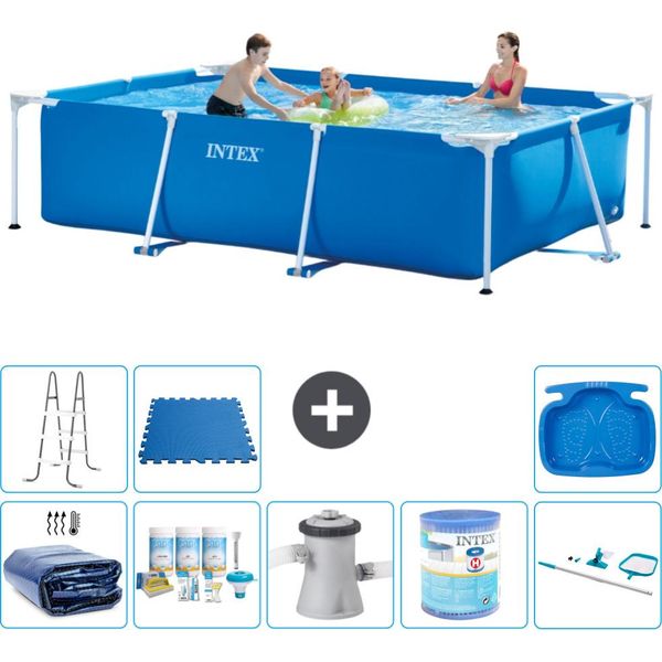 Piscina Intex Con Struttura Rettangolare - 300 X 200 X 75 Cm - Blu - Include Tenda Da Sole - Pacchetto Manutenzione - Pompa Filtro Per Piscina - Filtro - Kit Pulizia - Scaletta-image