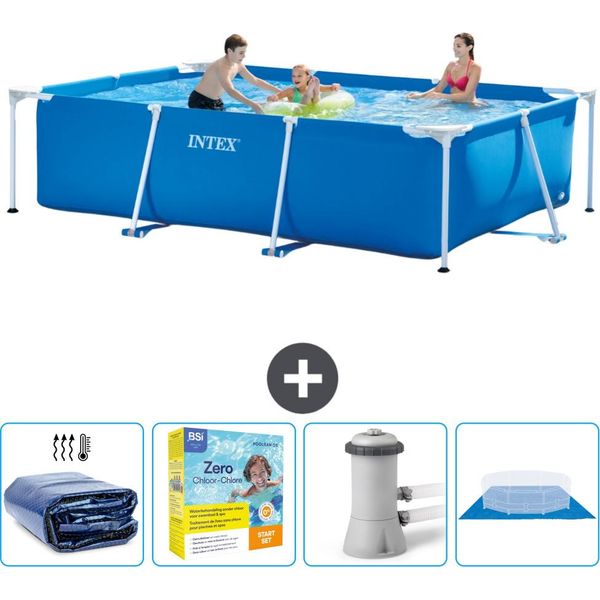 Piscina Intex Con Struttura Rettangolare - 300 X 200 X 75 Cm - Blu - Include Tenda Da Sole - Pacchetto Manutenzione - Pompa Filtro Per Piscina - Copertura Del Terreno-image