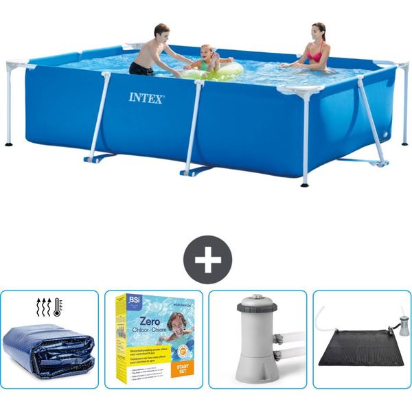 Piscina Intex Con Struttura Rettangolare - 300 X 200 X 75 Cm - Blu - Include Tenda Da Sole - Pacchetto Manutenzione - Pompa Filtro Per Piscina - Tappeto Solare-image