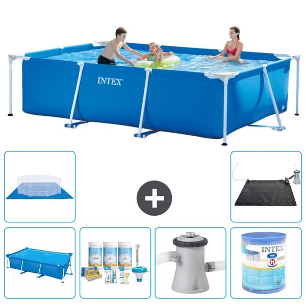 Piscina Intex Con Struttura Rettangolare - 300 X 200 X 75 Cm - Blu - Include Tenda Da Sole - Pacchetto Di Manutenzione - Pompa Filtro Per Piscina - Filtro - Copertura Del Terreno - Tappeto Solare-image