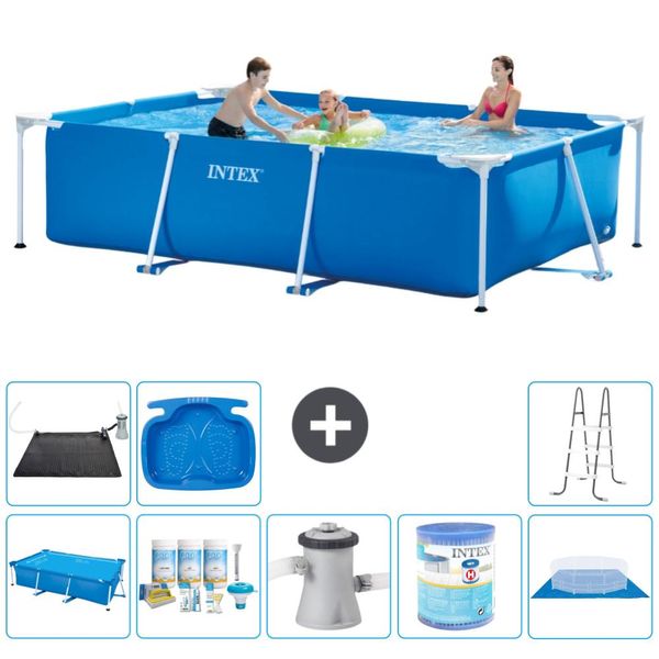Piscina Intex Con Struttura Rettangolare - 300 X 200 X 75 Cm - Blu - Include Tenda Da Sole - Pacchetto Di Manutenzione - Pompa Filtro Per Piscina - Filtro - Copertura Del Terreno - Tappeto Solare-image