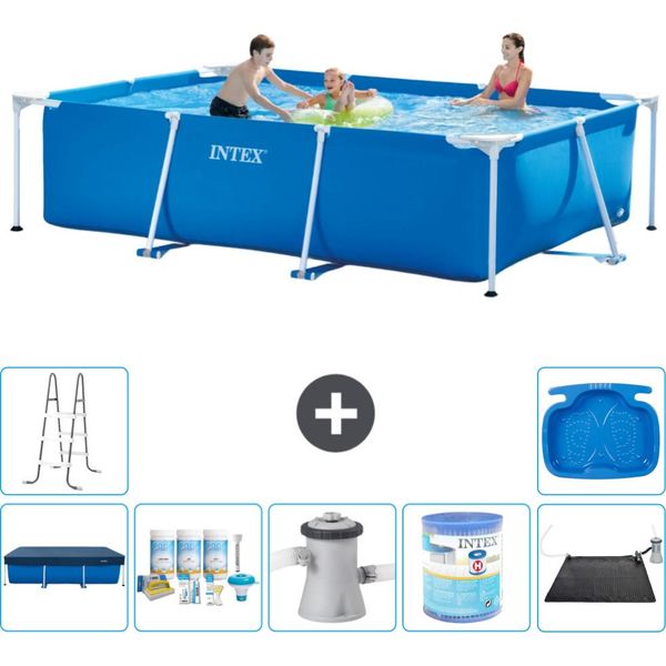 Piscina Intex Con Struttura Rettangolare - 300 X 200 X 75 Cm - Blu - Include Copertura - Pacchetto Manutenzione - Pompa Filtro Per Piscina - Filtro - Tappeto Solare - Scaletta-image