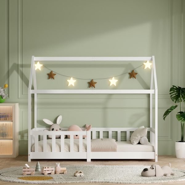 Lettino Per Bambini 80X160 Cm Con Protezione Anticaduta E Base A Doghe, Letto Matrimoniale - Lettino Per Bambini - Bianco-image
